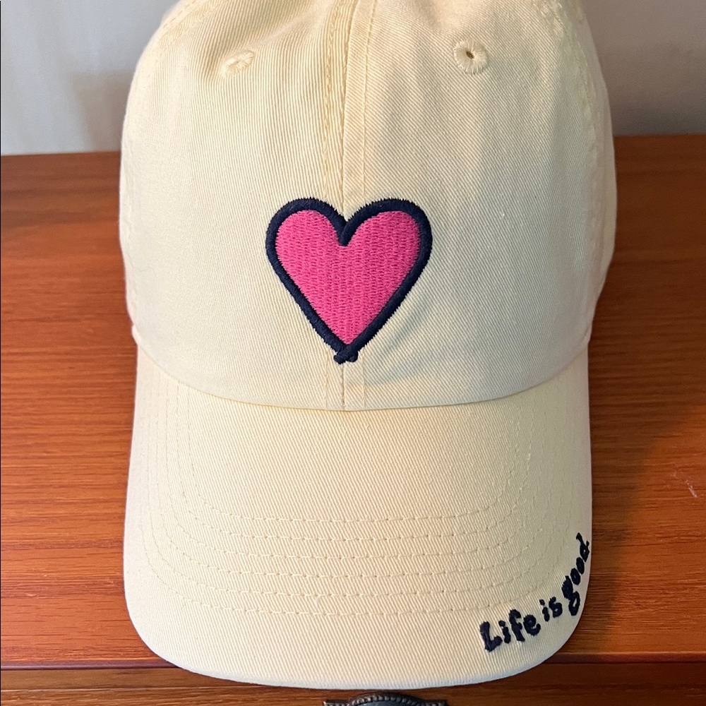 Life Is Good Yellow Hat with Pink Heart